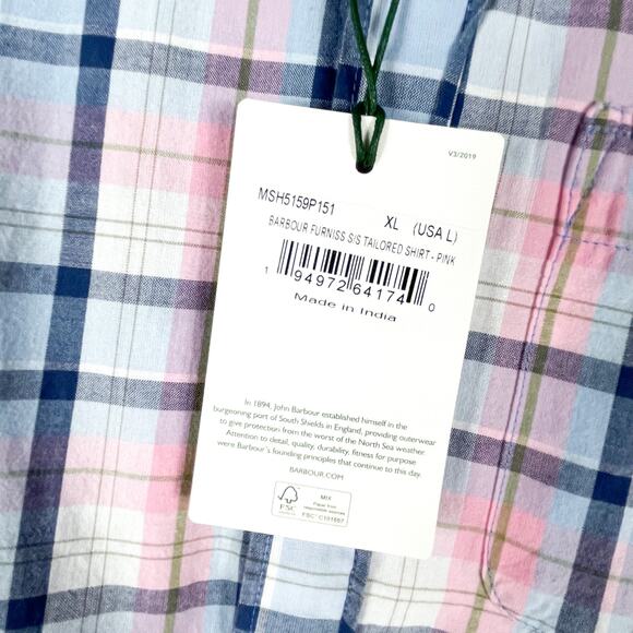 Barbour Furniss Tailored Shirt Pink Plaid Button Down Short Sleeve Sz L Men - Picture 8 of 12